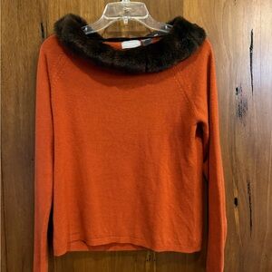 Liz Claiborne Orange Sweater with Brown Faux Fur Collar
